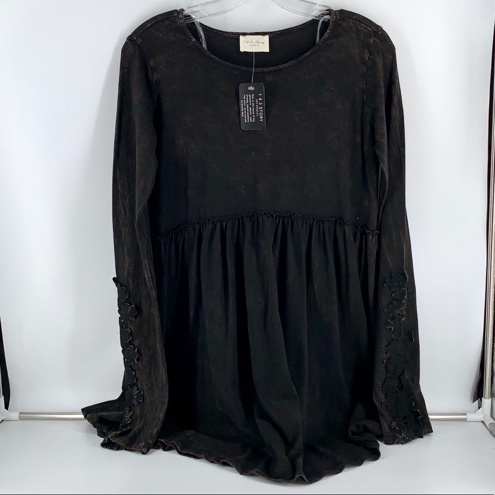 Black Mineral Wash Tunic wLace Appliqué Arm Detail